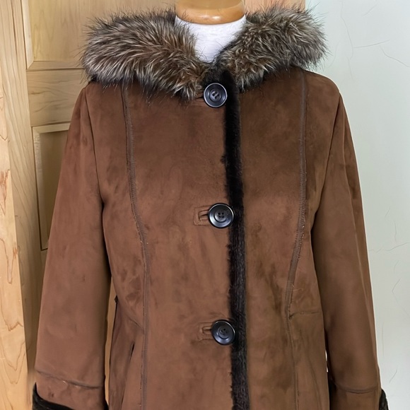 Vintage Tower by London Fog Brown Faux Suede Faux Fur Hooded Coat, Size S - Picture 2 of 16